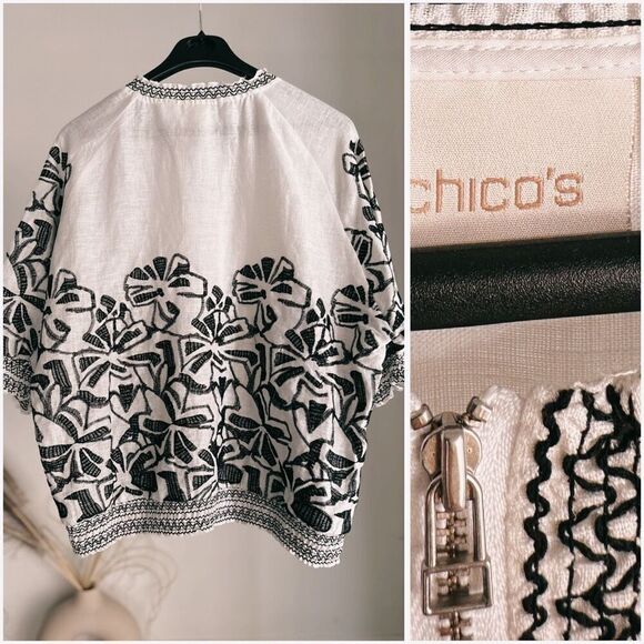 Chico’s 100% Linen Embroidered Smocked Jacket 2 / Large - Picture 2 of 5